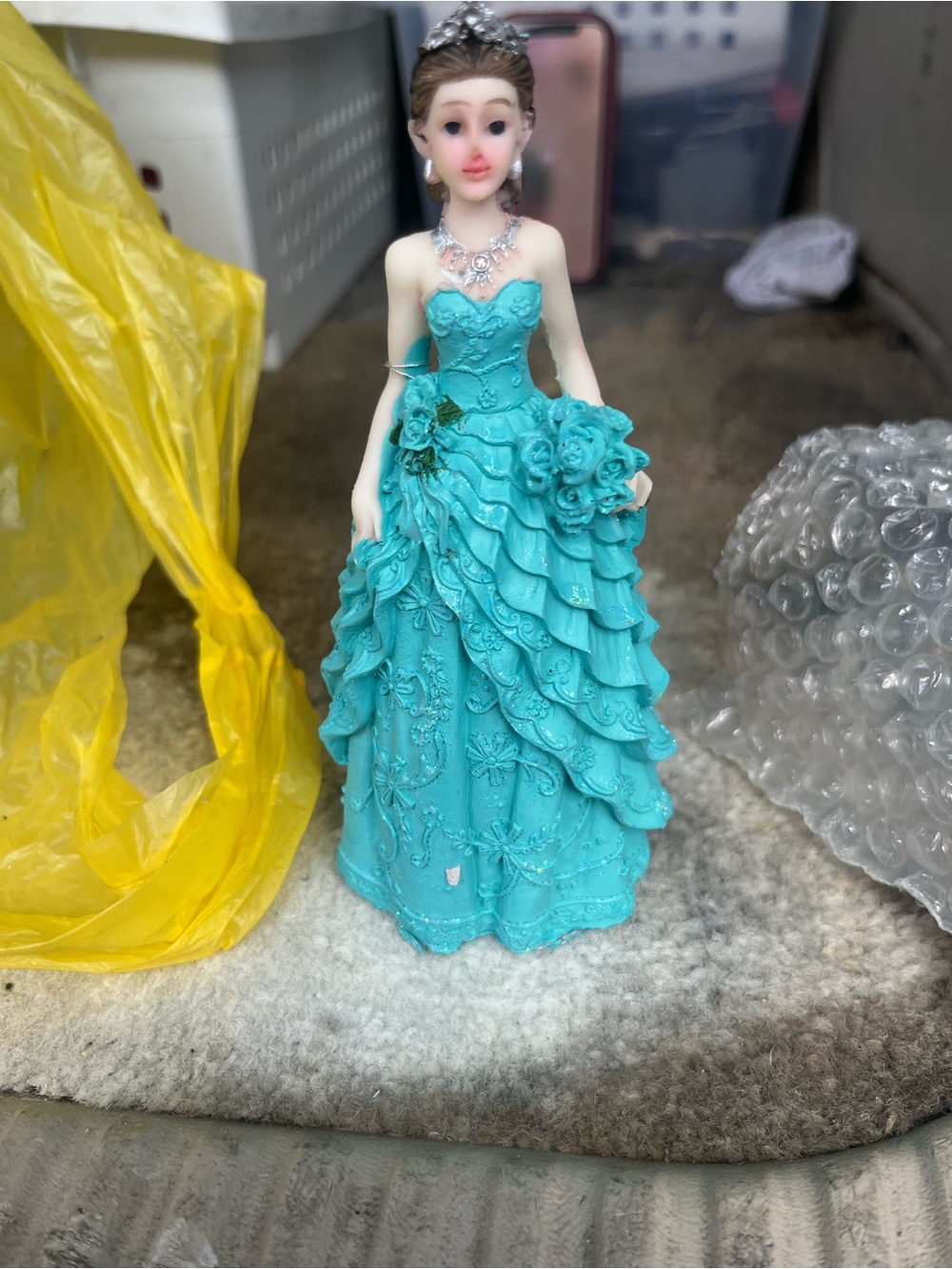 Turquoise Resin Figurine Woman in Ruffled Dress -